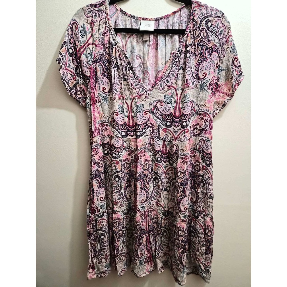 Knox Rose Womens Boho Paisley Tiered V-Neck Flowy Summer Fall Dress Pink Medium